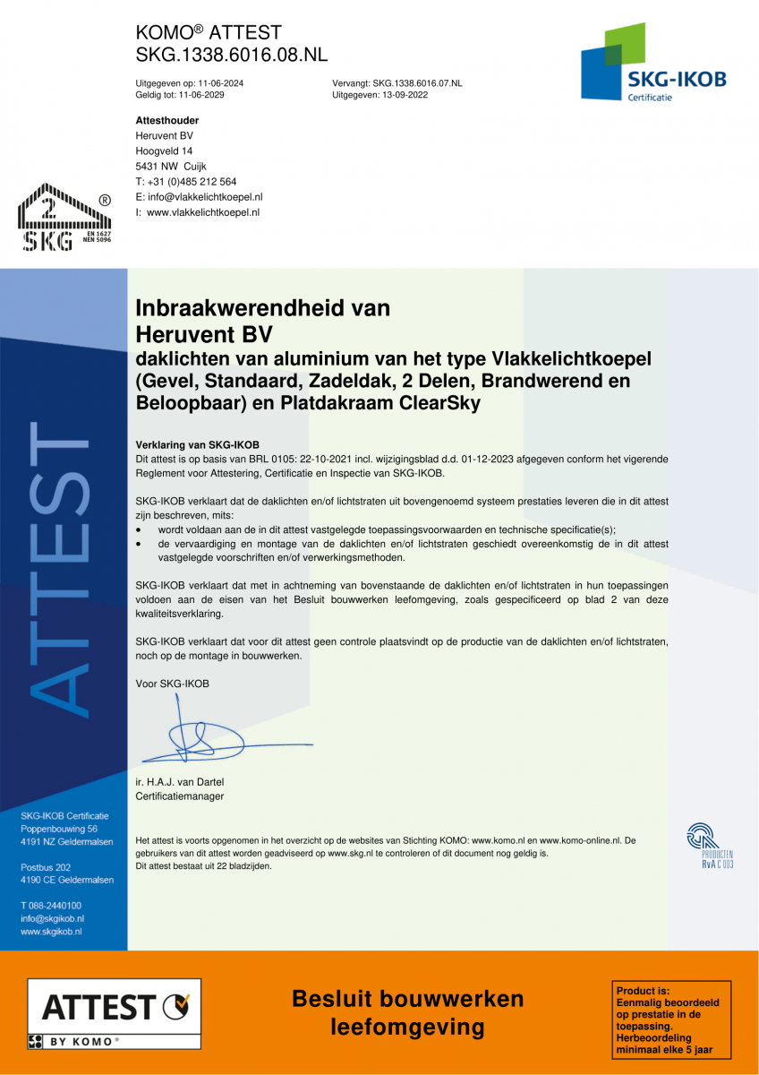 Vlakkelichtkoepel KOMO inbraakwerendheid