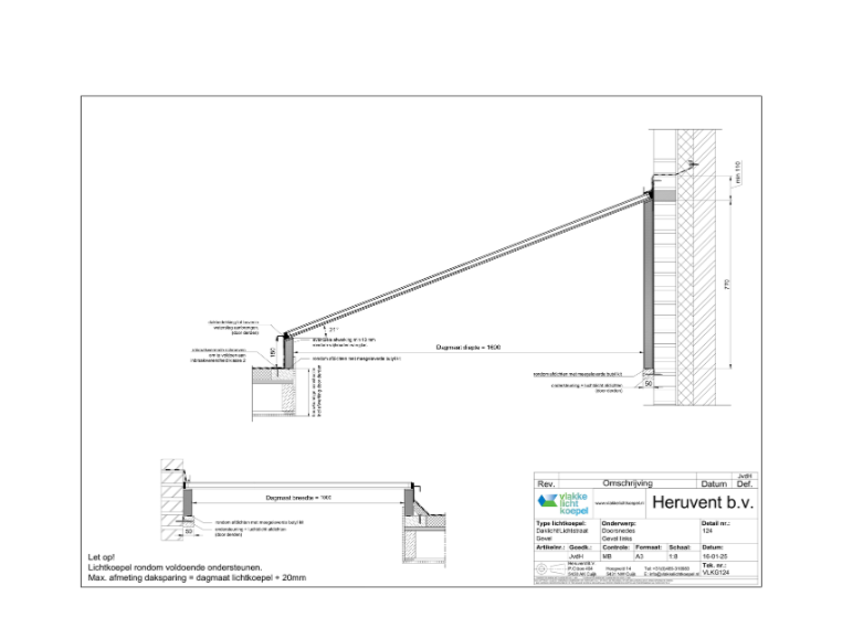 Vlakkelichtkoepel hogere schuinte
